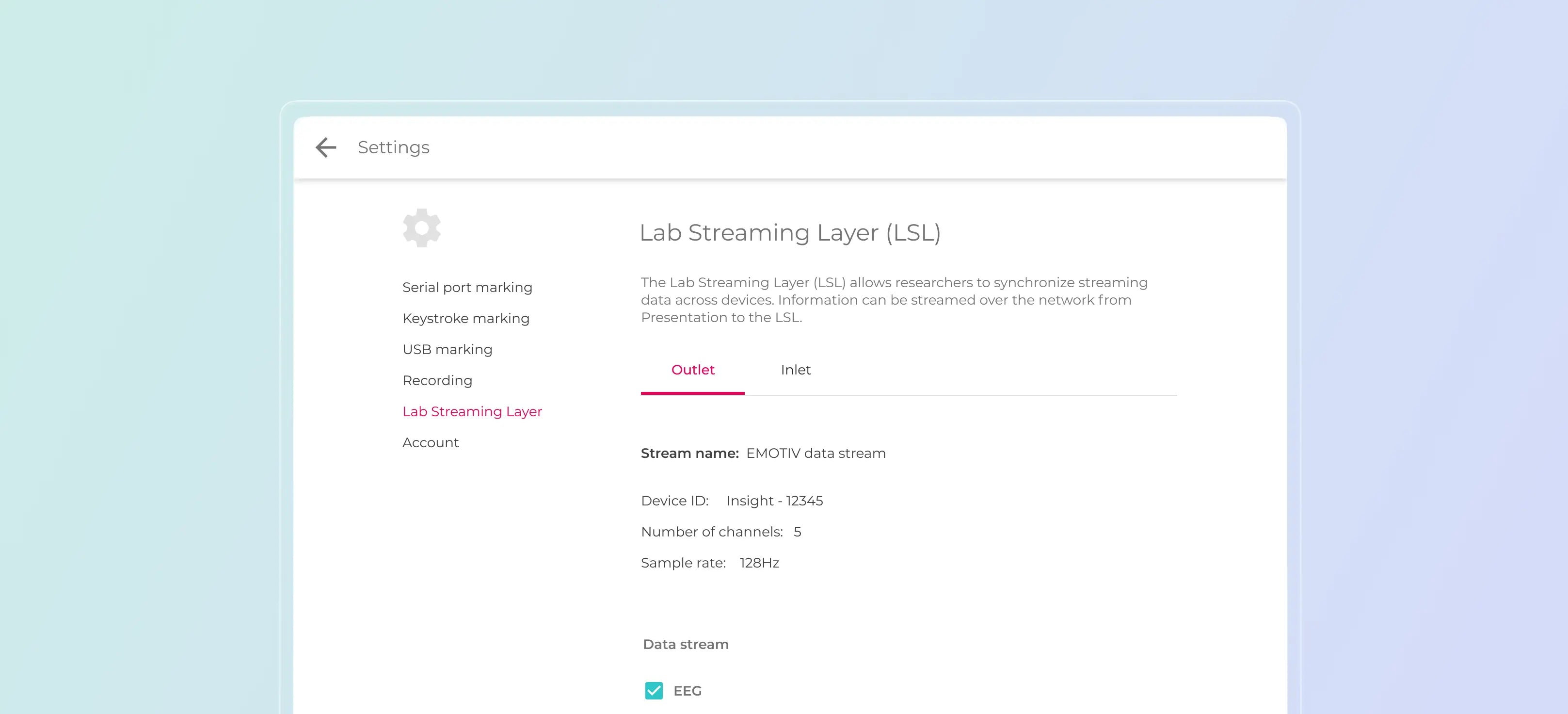 Screen detail of EmotivPRO's Lab Streaming Layer (LSL) feature